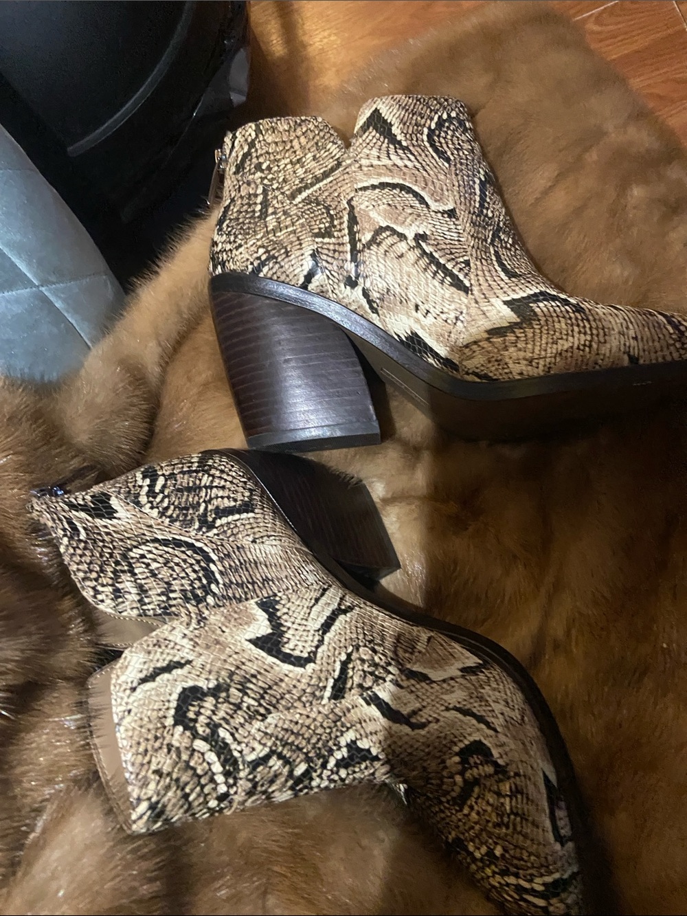 Vince Camuto Snake-Print Ankle Booties in Tan and Black